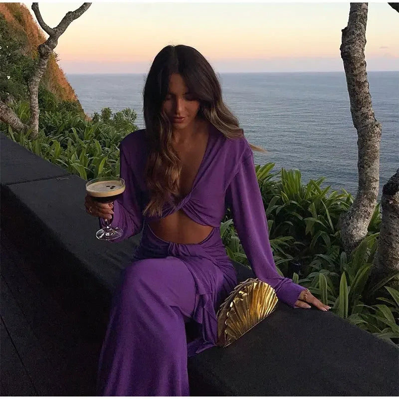 Sexy Purple Deep V-neck Hollow Out Pleated Maxi Dress Women Elegant Long Sleeves Bodycon Dresses 2024 New Female Holiday Robes - Seprincess