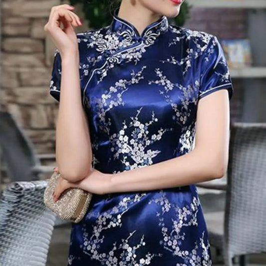 Retro Style Cheongsam Dress Elegant Chinese National Style Floral Embroidery Cheongsam Dress with Stand for Summer for Women - Seprincess