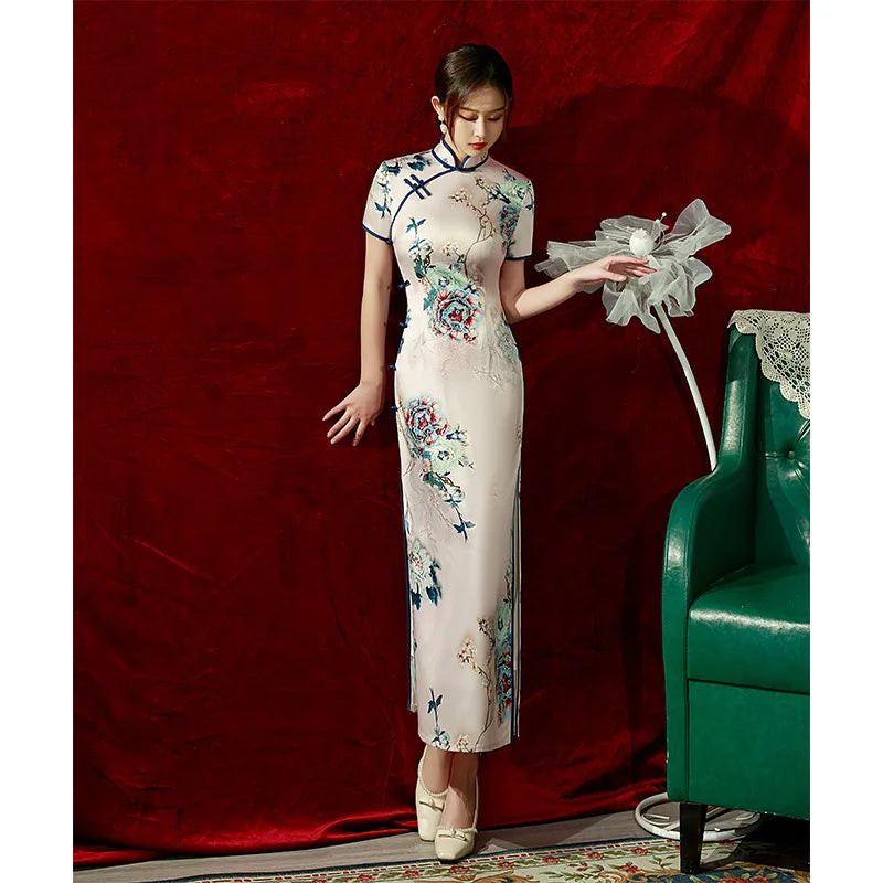 2023 Spring Silk Maxi Long Improved Cheongsam Retro Elegant Performance Chinese Traditional Style Evening Dress Qipao for Women - Seprincess