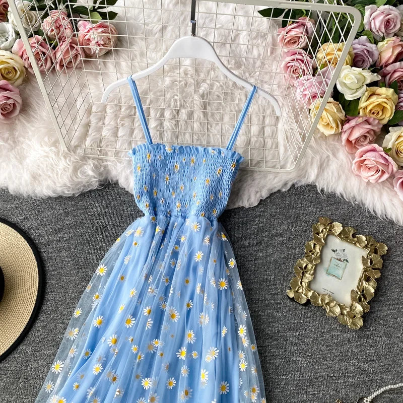 Women daisy Print Dresses Summer Sexy Lace Mesh Dress Spaghetti Strap Ruched Floral Vestidos Korean Style Long Dress - Seprincess