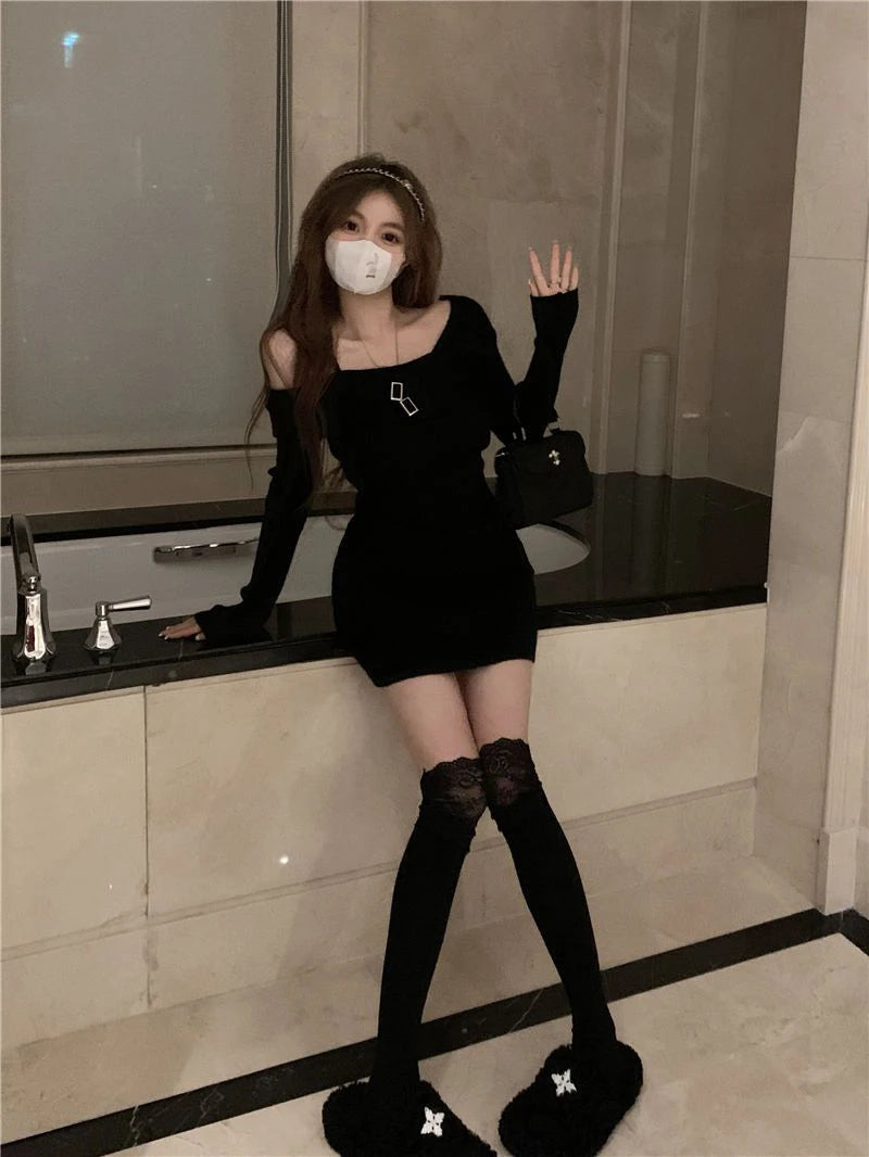 MEXZT Y2K Knitted Mini Dress Women Streetwear Sexy Off Shoulder Sweater A Line Dresses Christmas Party Korean Bodycon Vestidos - Seprincess