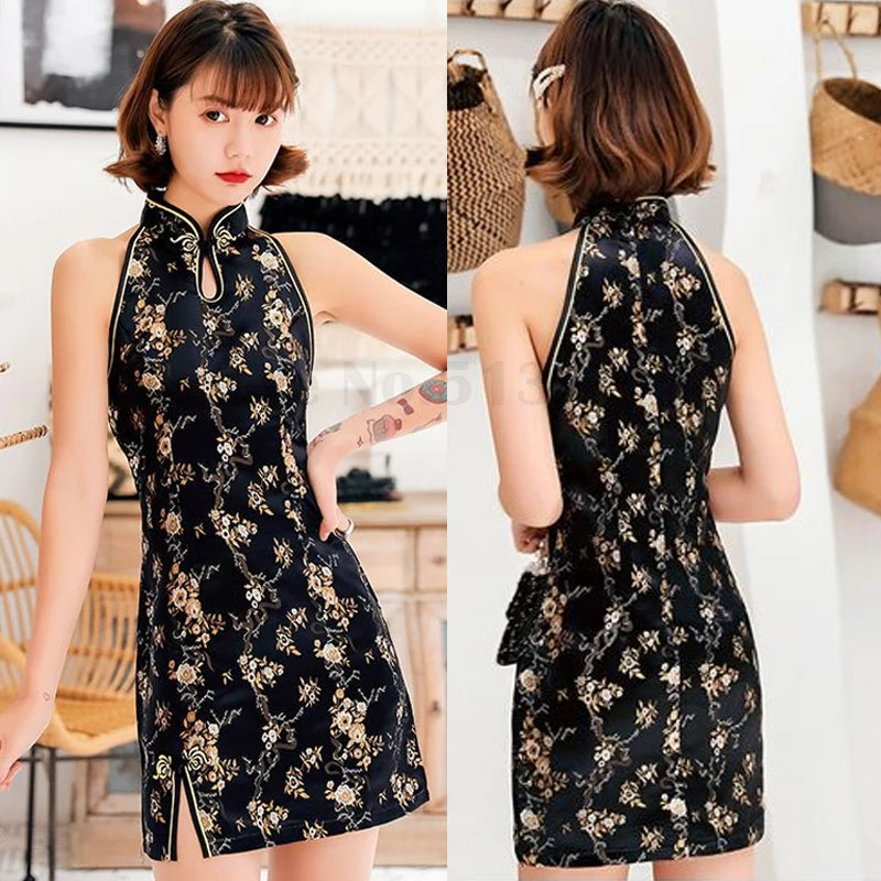 Black Oversize 3XL Chinese Dress Vestidso Traditional Women Sexy Satin Summer New Sleeveless Mini Cheongsam Print Elegant Qipao - Seprincess