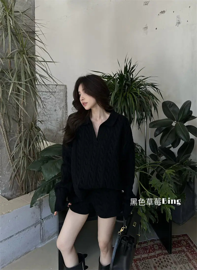 Korean Style Premium Knited Sweater Loose Casual Polo Neck Pullover Women Top Shorts Autumn WinterTwo Piece Set Women Outfits - Seprincess