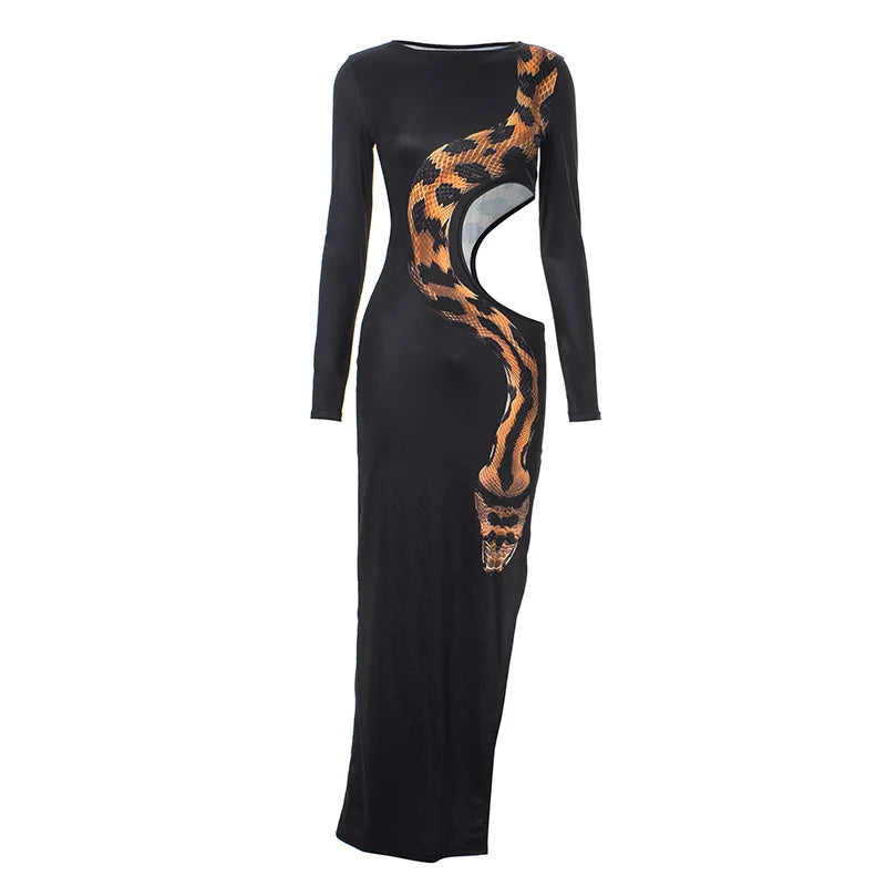 Autumn Winter Maxi Dress Women Fashion Snake Print Cut Out Slim Dresses Long Sleeve Sexy Split Holiday Party Dress 2024 Black