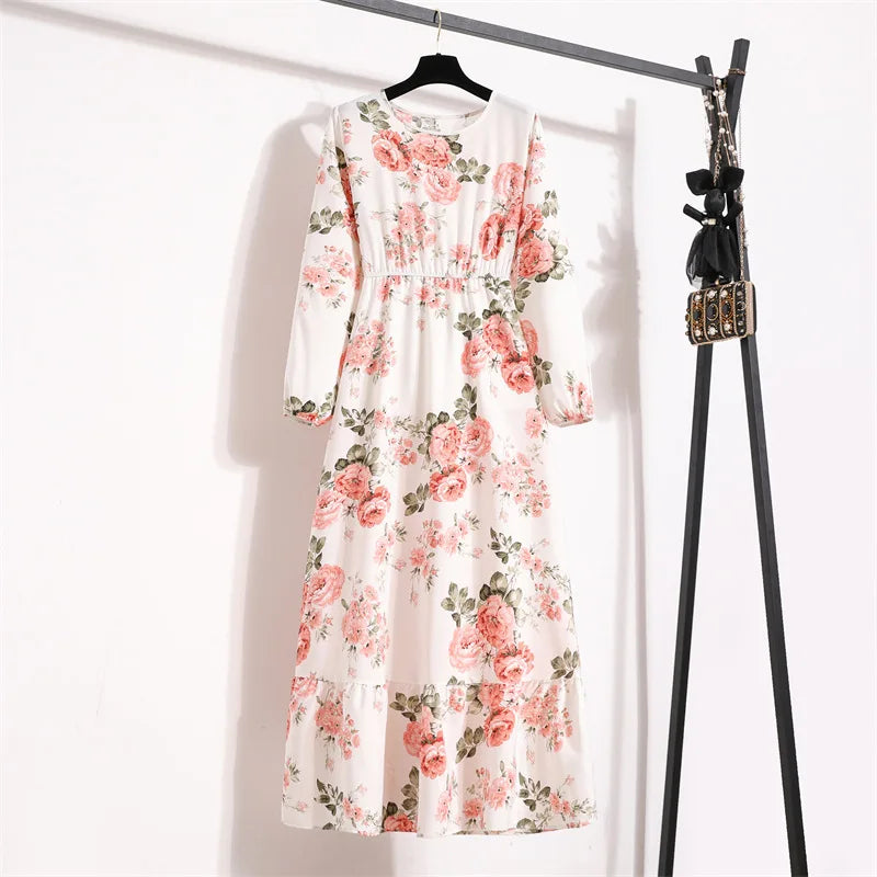 Women Floral Printed Maxi Dresses Spring Summer Casual O Neck Full Sleeve High Waist A Line Boho Beach Party Long Dress Vestidos - Seprincess