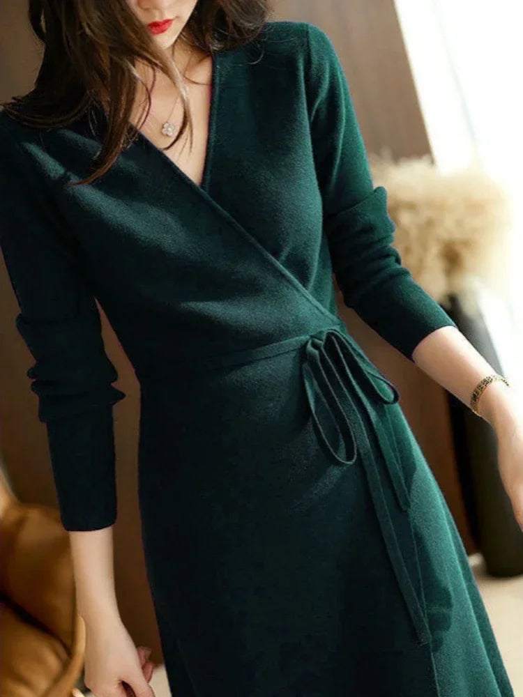 Womens Dresses V-neck Wrap Up Dress for Women Autumn Winter 2023 New Woman Clothing Korean Version Loose Elegant Knitted Skirt - Seprincess