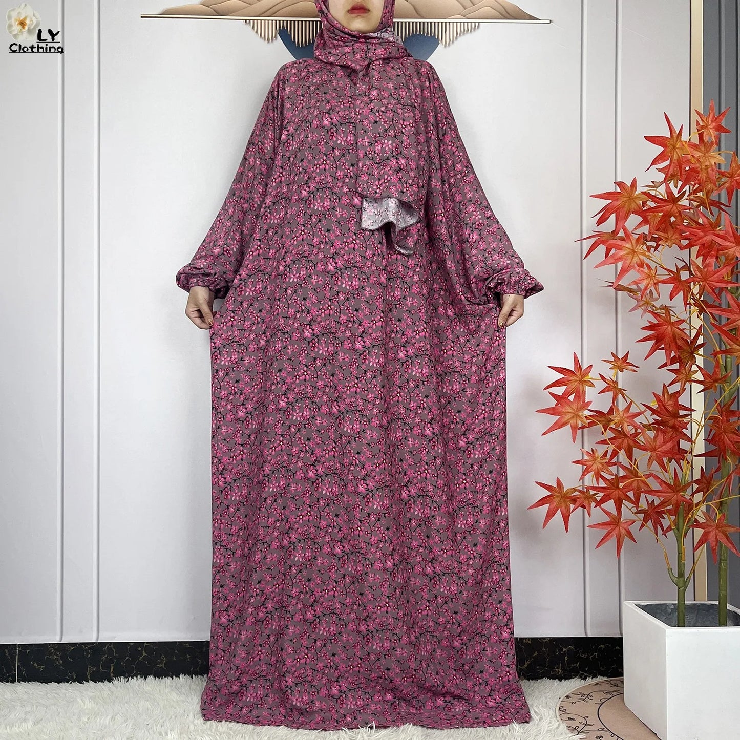 2024Latest Muslim Abayas For Women Ramadan Prayer Maxi Dubai Turkey Femme Cotton Robe Floral Loose African Dress Turban Attached - Seprincess