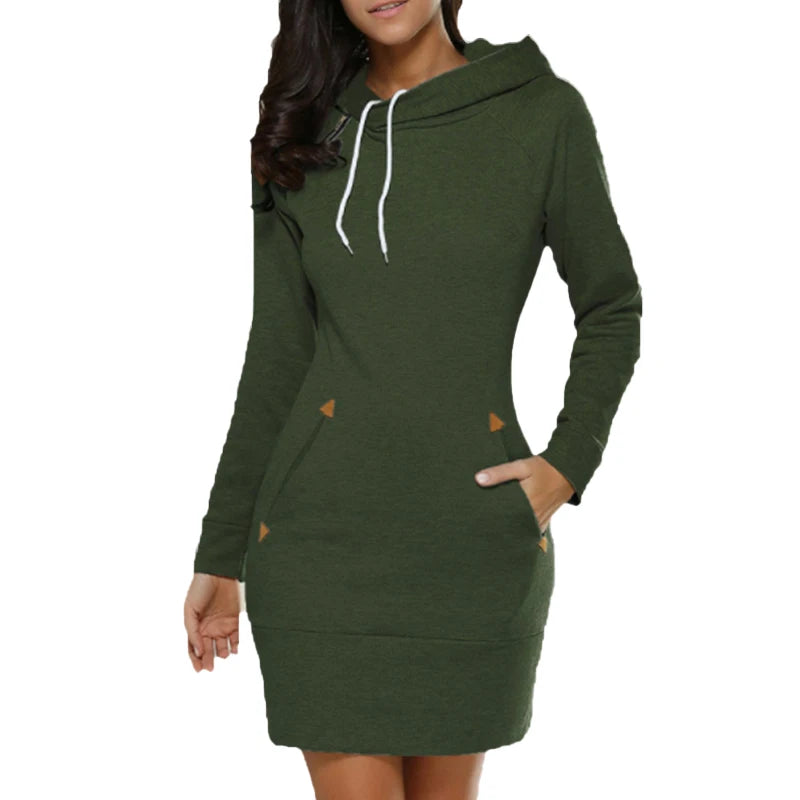 Fashion Sweatshirt Dresses for Women Pocket Hooded Casual Dress Solid Color Long Sleeve Mini Dress - Seprincess