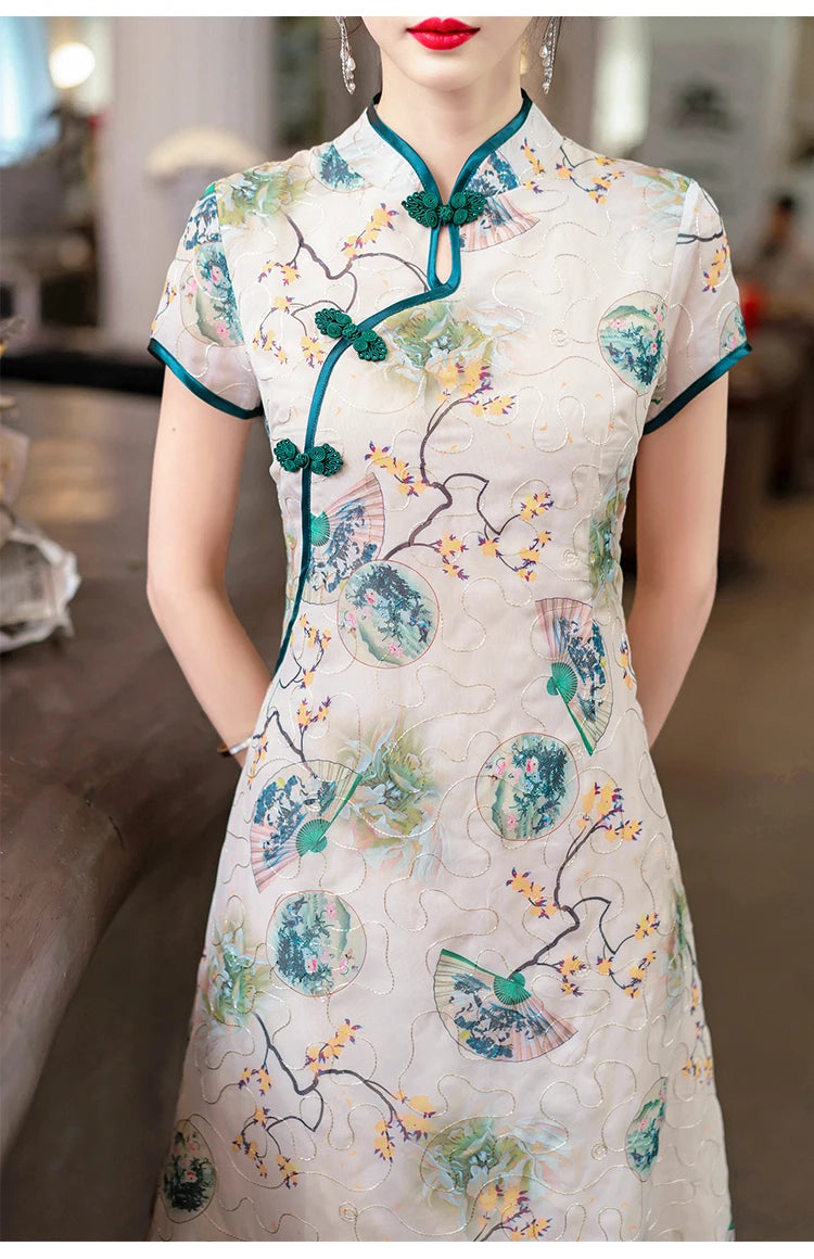 Fashion Modern Chinese Cheongsam A-line Dress Women Short Sleeve Qipao Traditional Chinese Clothes - Seprincess