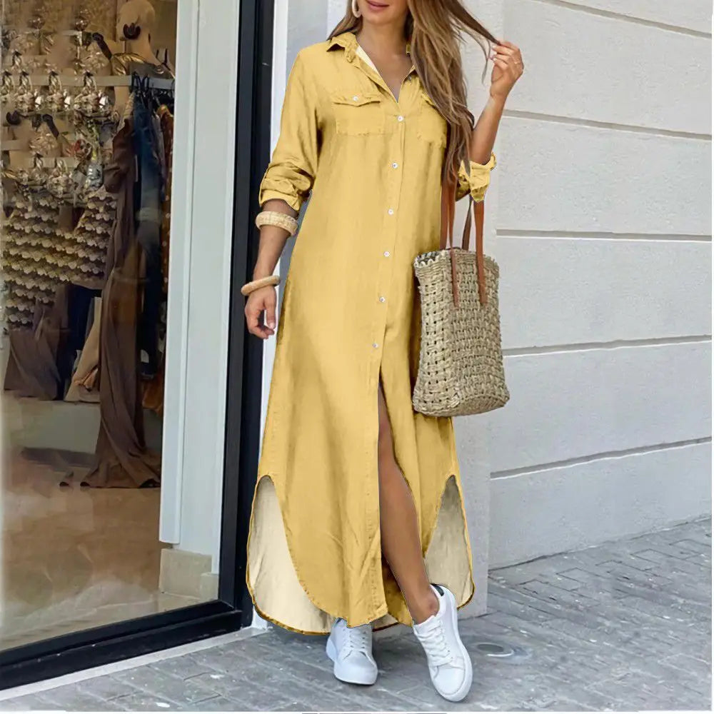 Women Blouse Dress Summer Fashion Female Pocket Button Long Sleeve Long Maxi Party Dresses LRFZ-9386 - Seprincess