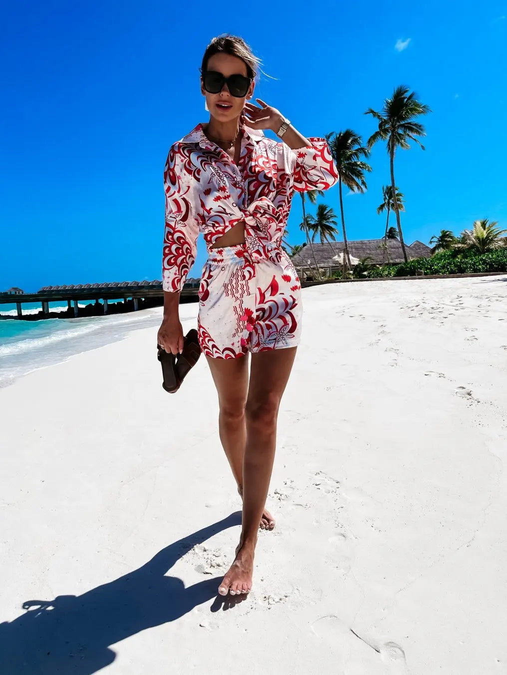 Women's Shirt Sets Fashion Printed Summer Long Sleeve Shirt + Shorts 2 Pieces Set 2023 Lady Vintage Holiday Beach Casual Outfits - Seprincess