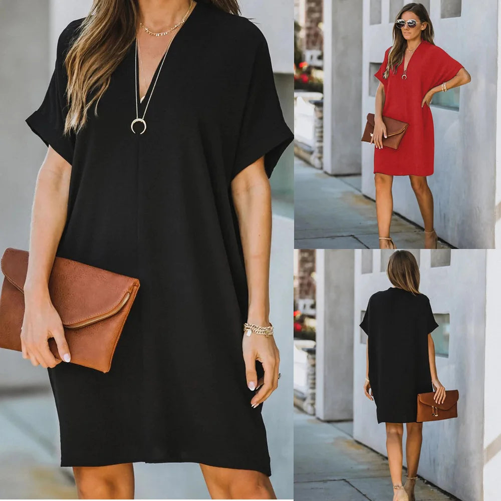 2024 Spring Chiffon Women Dress Black V-neck Short Sleeve Loose Dresses Female Summer New Casual Elegant Fashion Ladies Clothes - Seprincess