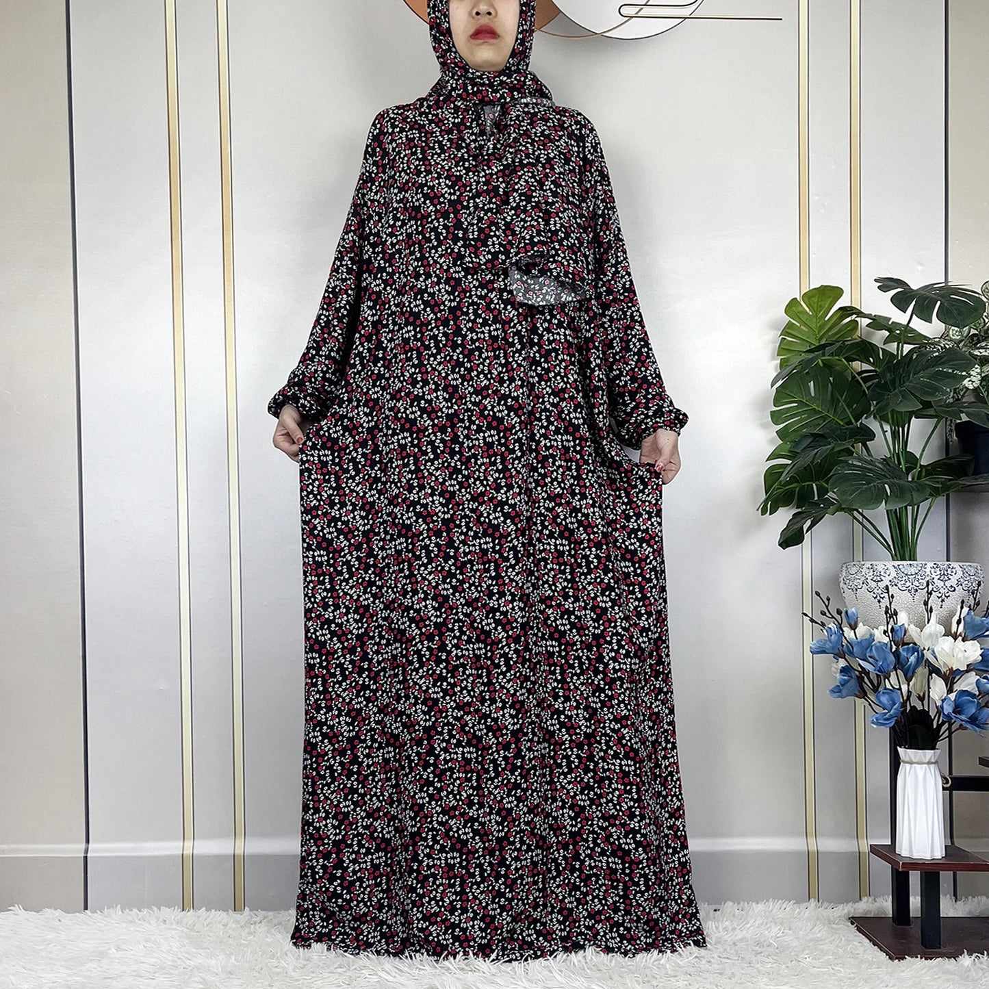 2024Latest Muslim Abayas For Women Ramadan Prayer Maxi Dubai Turkey Femme Cotton Robe Floral Loose African Dress Turban Attached