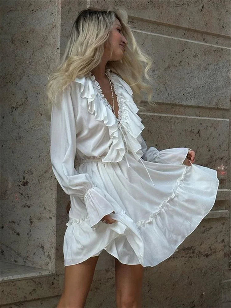 Tossy Ruffled V-Neck White Mini Dress Female Patchwork Long Sleeve Elegant Bandage Fashion Dress High Waist Lace-Up Women Dress - Seprincess