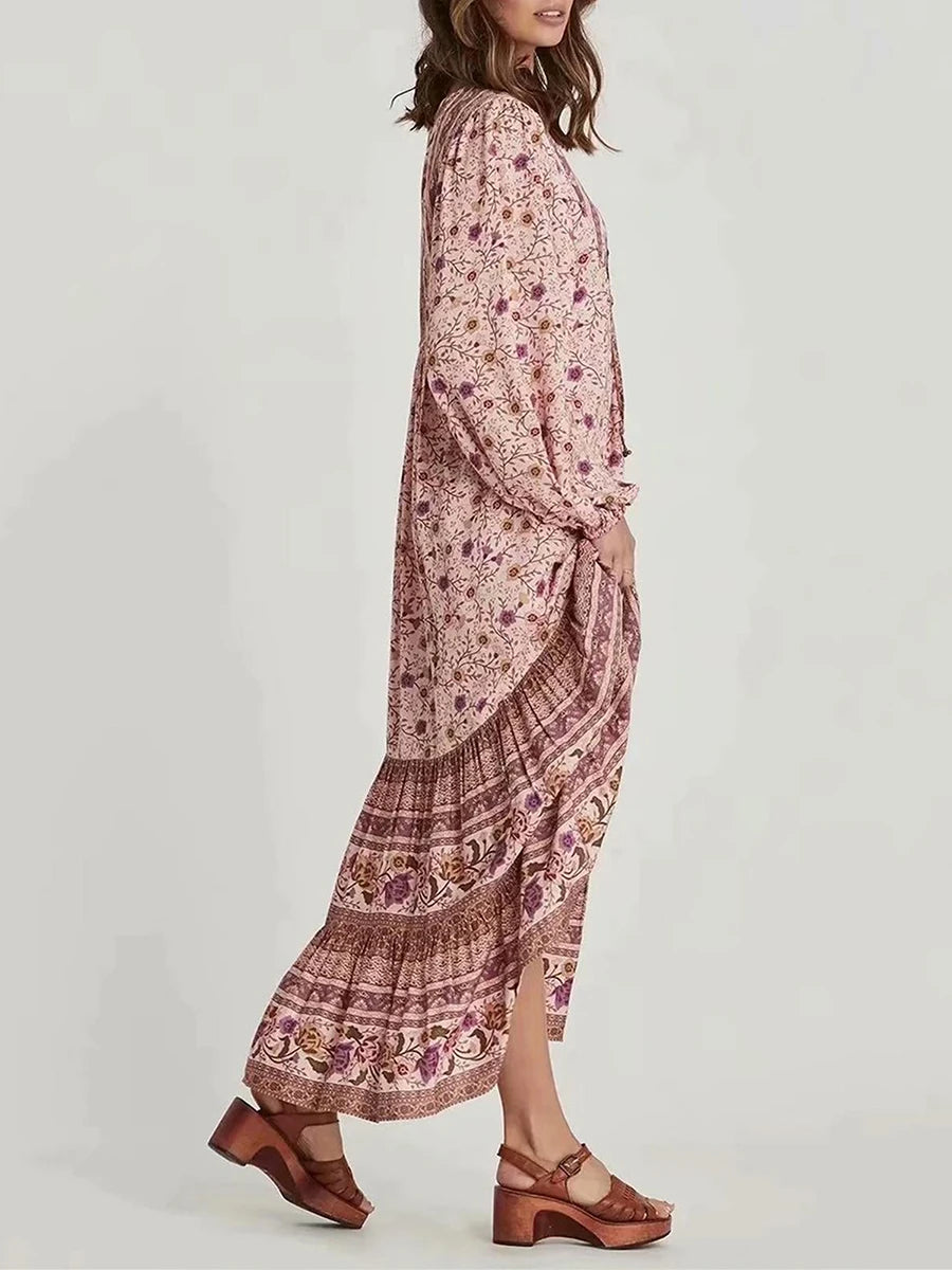 Bohemian Style Maxi Dress with Vintage Floral Print Long Puff Sleeves V-Neckline and Flowy A-Line Silhouette Perfect for - Seprincess