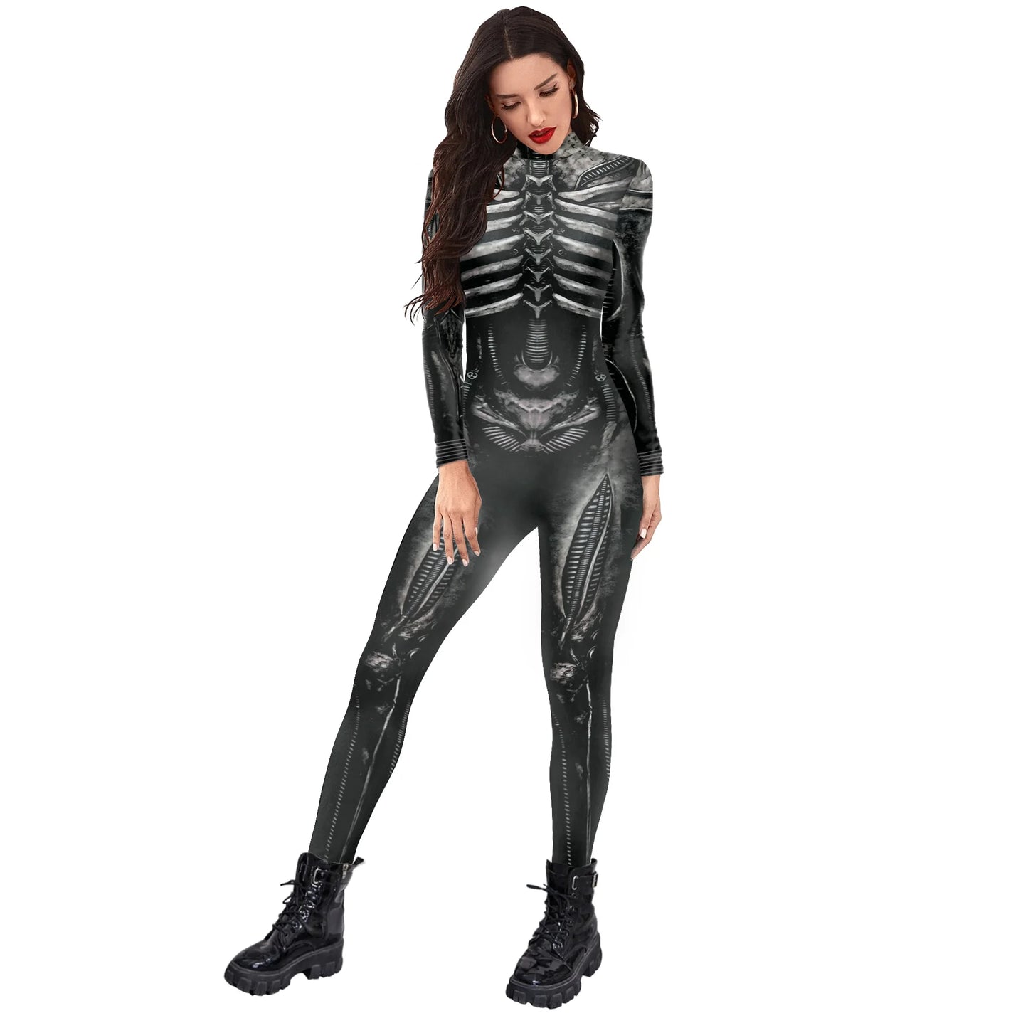 Women Clothing Long Sleeve 3D Printed Halloween Carnival Horror Human Skeleton Cosplay Costumes Tight Jumpsuit Zentai Bodysuit - Seprincess