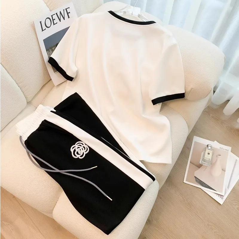 Summer Women's White Black Sets Round Neck Short Sleeve T-shirt And Pants Sets For Women 2 Pieces Tracksuits Outfits - Seprincess