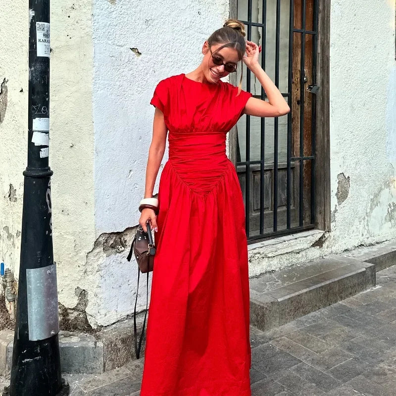 Women Red Irregular Pleated Wrap Waisted Maxi Dress Elegant O Neck Sleeveless Slim Long Dresses Chic Lady Party Street Robes - Seprincess