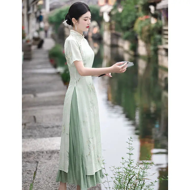 Retro Chinese Style Short Sleeve Qipao Two-piece Set Women New Chinese Style Green Improved Cheongsam Summer Long Dresses - Seprincess