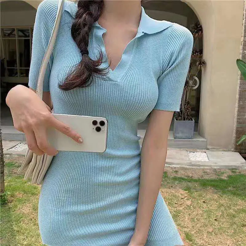 Summer Short Sleeve Dress Women Slim Knitting Female Clothes Streetwear Vacation Casual Soft Sweet Sexy Korea Fashion Dress 2024 - Seprincess