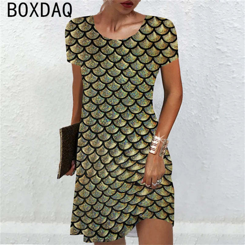 Women Short Sleeve O-Neck A-Line Mini Dress Sexy Snake Colorful Scale Pattern Printed Dress Large Size Lady Casual Sundress - Seprincess