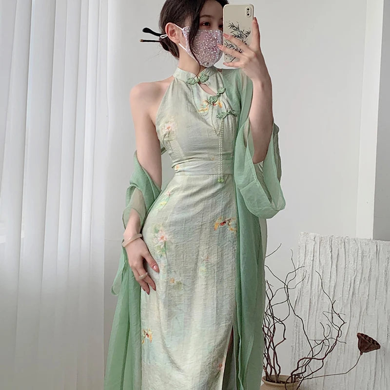 Summer Women Sleeveless Sexy Split Qipao Elegant Print Flower Chinese Dress Retro Traditional Oriental Clothing Cheongsam - Seprincess