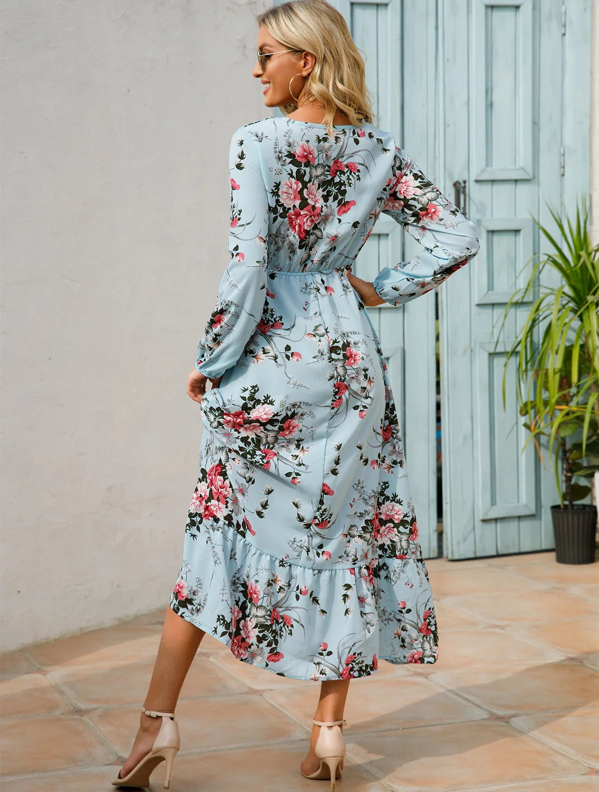 Women Floral Printed Maxi Dresses Spring Summer Casual O Neck Full Sleeve High Waist A Line Boho Beach Party Long Dress Vestidos - Seprincess