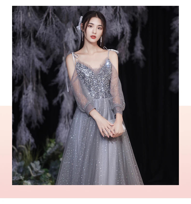 Grey Bridesmaid Evening Dress Women Off Shoulder Sequins Wedding Party Vestidos Fairy Temperament Sisters Group Gown Summer