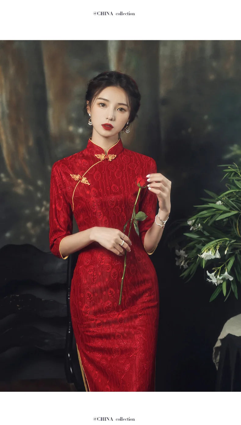 Chinese Style Long Dress Red  Slim Cheongsam Qipao Dress Wedding Party Hanfu Summer Lace - Seprincess