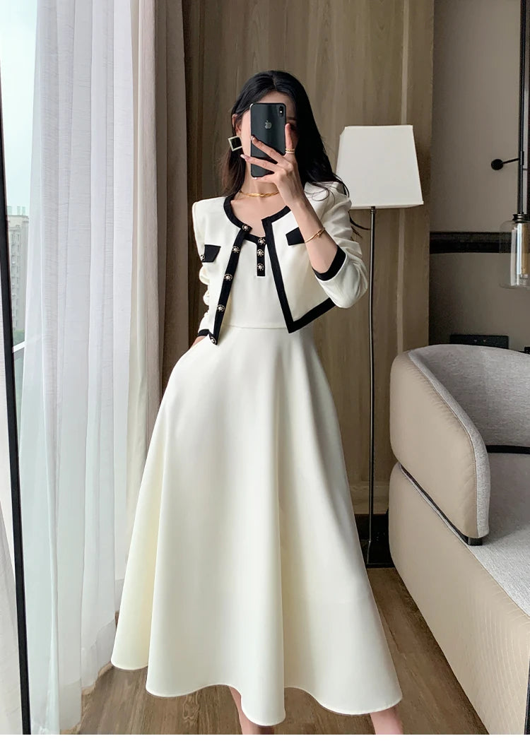 Fashion Korean Women Elegant Casual Dress Set Vintage Crop Jackets Sleeveless A-Line Strap Dress Two Pieces Set Female Clothes - Seprincess