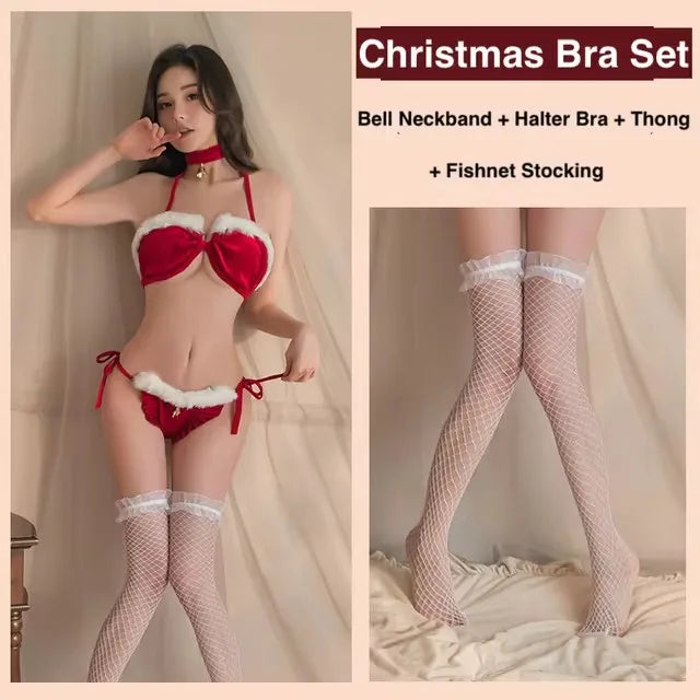 Christmas Outfit Santa Sexy Lingerie Women Babydoll Exotic Set Lace Up Plush Bra Pantie Halter Feather Ring Bell Neckband Bikini