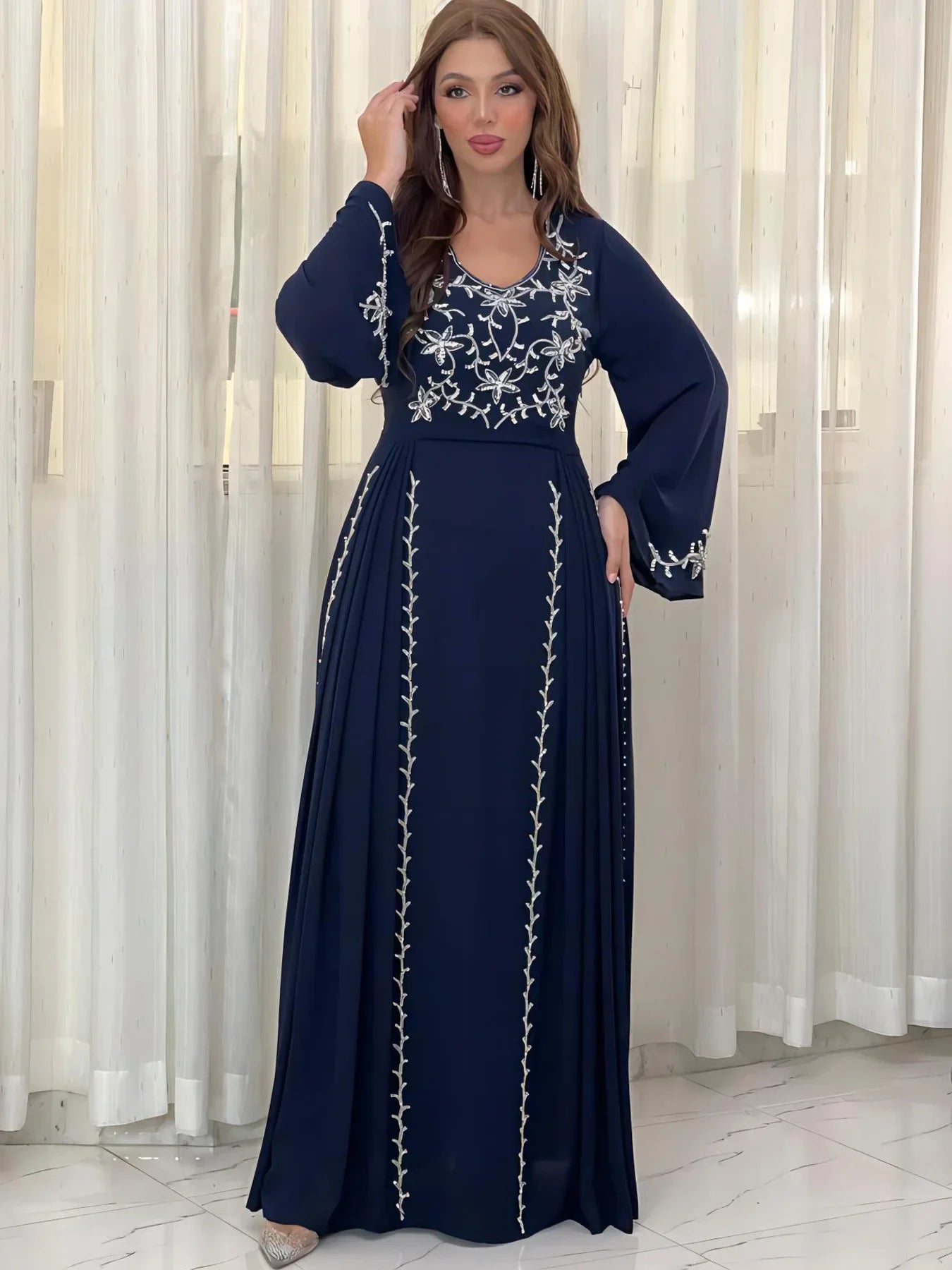 Dress for Women 2024 Spring Summer Fashion Muslim Women Long Sleeve Polyester Kaftan Embroidery Long Maxi Dress Abaya Dubai