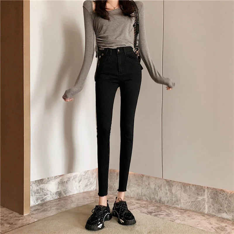 Jeans Women Spring 2023 Fashion Beige High Waist Leggings Skinny Label Pencil Pants Boots Pants