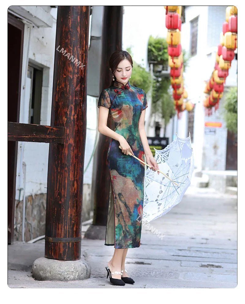 Summer Long Cheongsam Vintage Qipao Silk Fashion Daily Women Dress Slim Party Costume Dresses - Seprincess