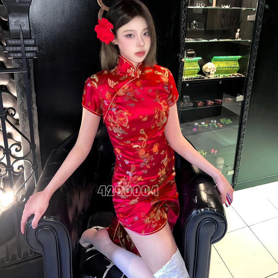 Sexy Red Qipao Women New Chinese Style Dresses Vintage Mandarin Collar Y2K Vestidos Print Flower Cheongsam Bigsize 3Xl-6Xl - Seprincess