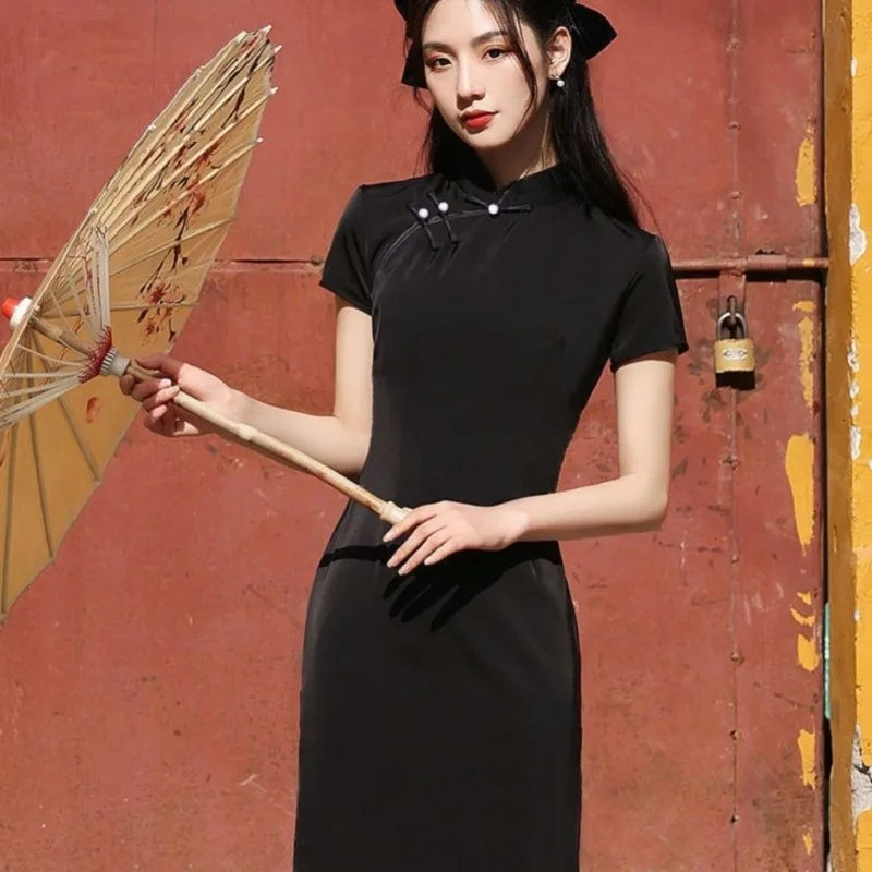 Chinese Dress Qipao Modern Women Black Slim Long Cheongsam Traditional Harajuku Hanfu Robe Orientale Vintage Vestido Mujer - Seprincess