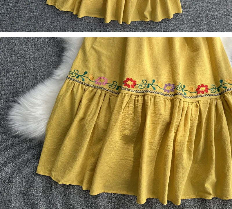 Spring/Summer Women's Travel Vacation Vintage Long Dress Bohemian Ethnic Style Embroidered Waist Tie up Cotton and Linen Dress ? - Seprincess