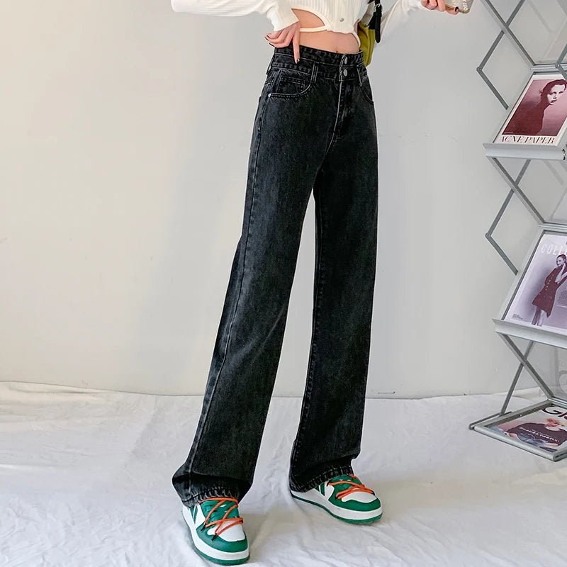 Fashion Denim Jeans Women Casual Autumn Spring Button Design Pants Loose Straight Brand High Quality New Arrivals Trousers