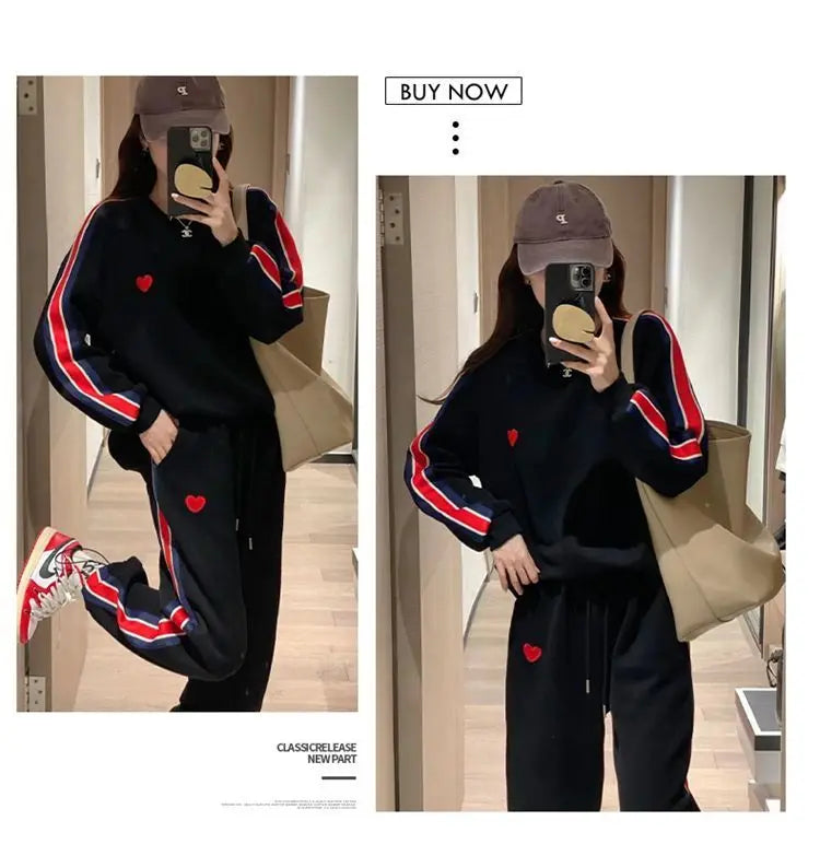 Autumn Cute Love Embroidery Pant Sets Two Pieces Tracksuits Khaki Side Striped Sweatshirt Women Girls Loose Sporty Korean Style - Seprincess