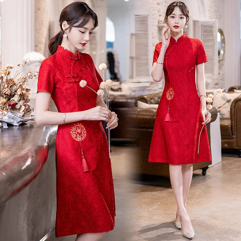 Chinese Traditional Retro Red Modern Improved Cheongsam Summer New Short Sleeve Engagement Qipao Dress - Seprincess