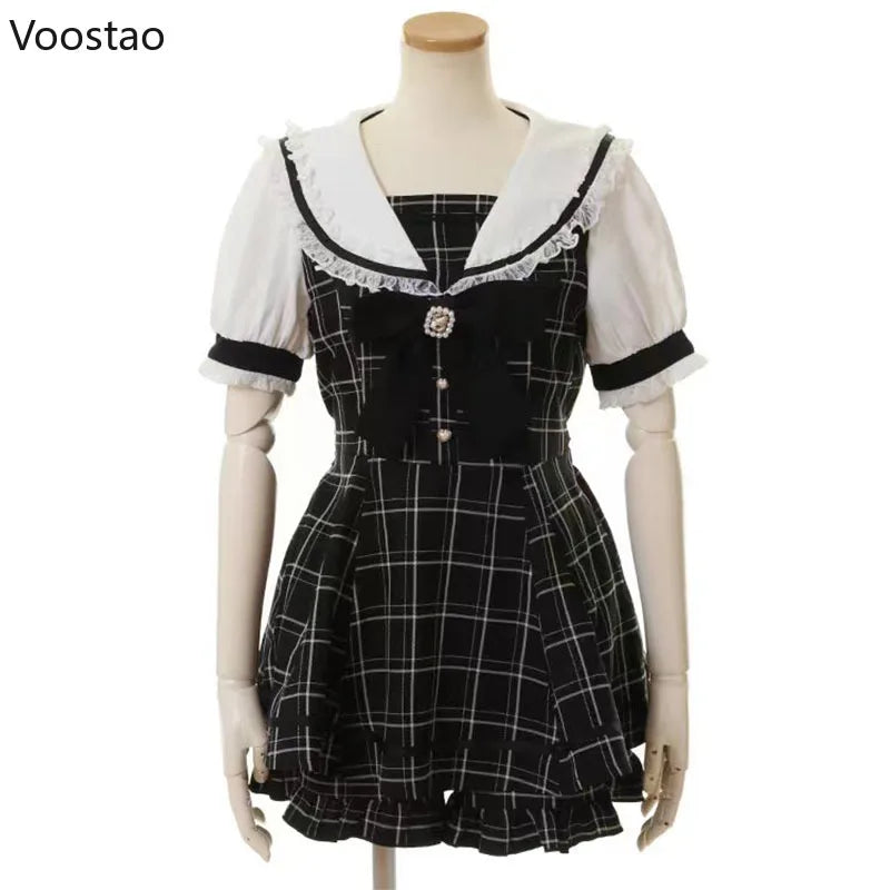 Japanese Gothic Y2k Lolita Plaid Dress Shorts Set Women Sweet Bow Sailor Collar Puff Sleeve Party Dresses Female A-Line Dress - Seprincess