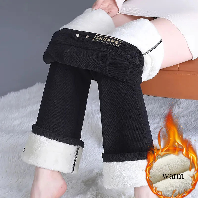 Winter Warm Thicken Slim Flare Pants Women Casual Velvet Lined Elastic High Waist Pantalones Snow Wear Plush Calcas Feminina New