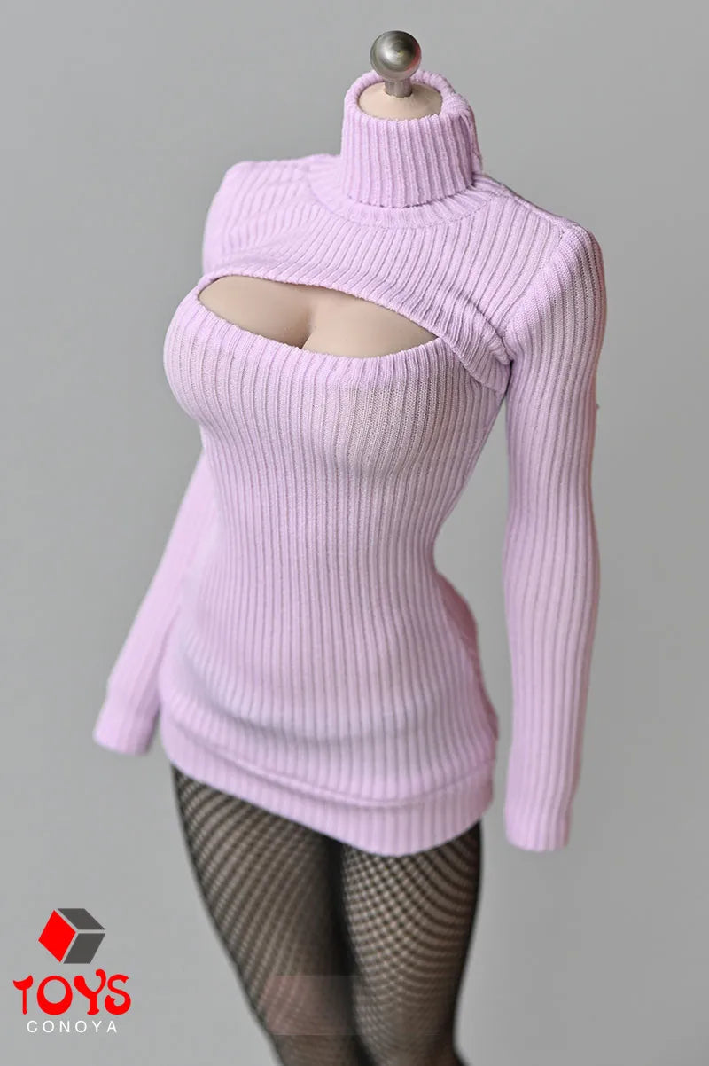 1/6 Scale Female Sweater Slim Elastic High Neck Knit Pullover Sexy Open Chest Tops Mini Sweater Dress for 12" Action Figure - Seprincess