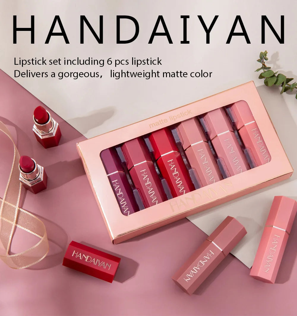 HANDAIYAN 6 Colors Matte Lipstick Beauty Lip Gloss LippenstiftTinted Balm 24 Hours Waterproof Free Shipping Makeup - Seprincess