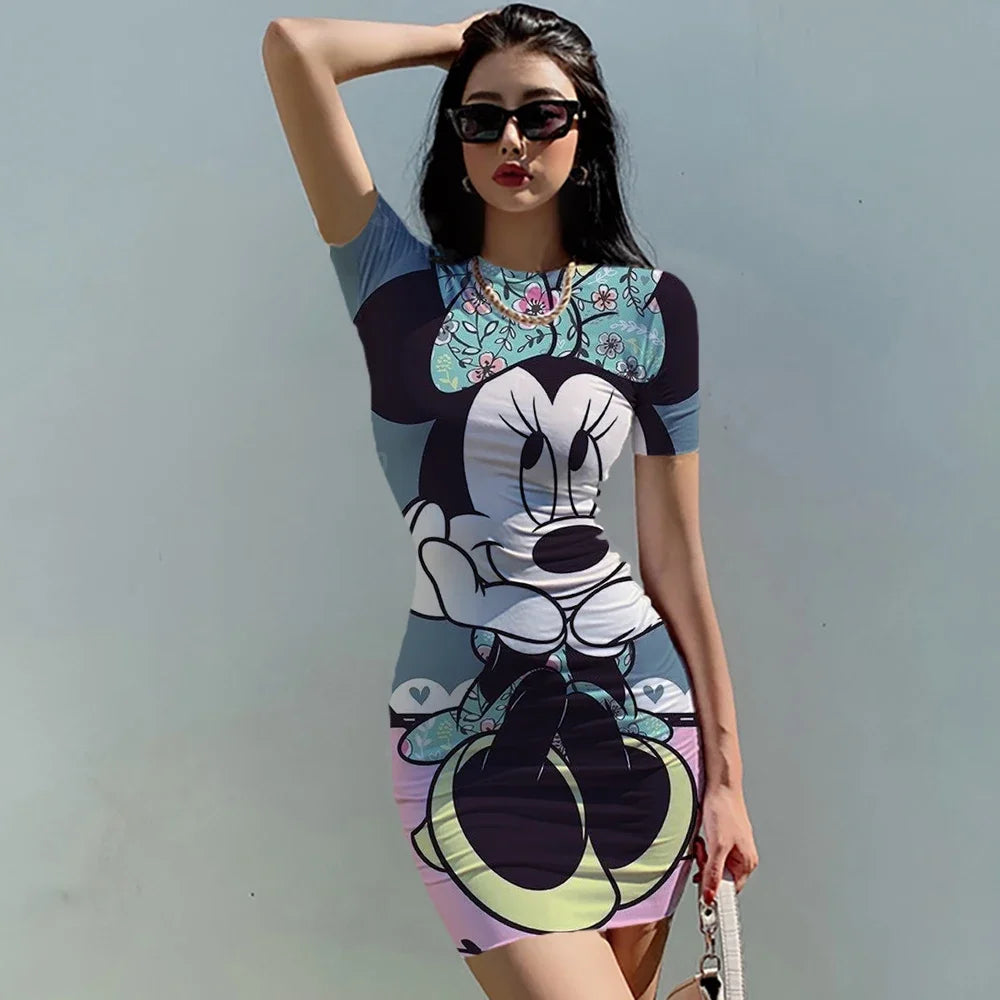 Summer Women  Disney Minnie Mickey Mouse Bag Hip Skinny Mini Dress 2022 Sundress Sexy Bodycon Lady Club Short sleeve Dresses - Seprincess