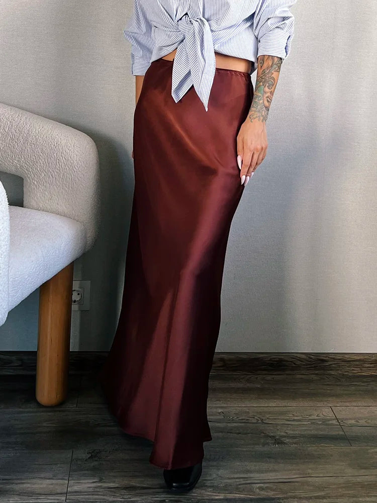 Long Black Satin Skirts For Women 2024 Autumn Winter Maxi Brown Burgundy Skirts Ladies Green Lace Up Women Satin Silk Skirt