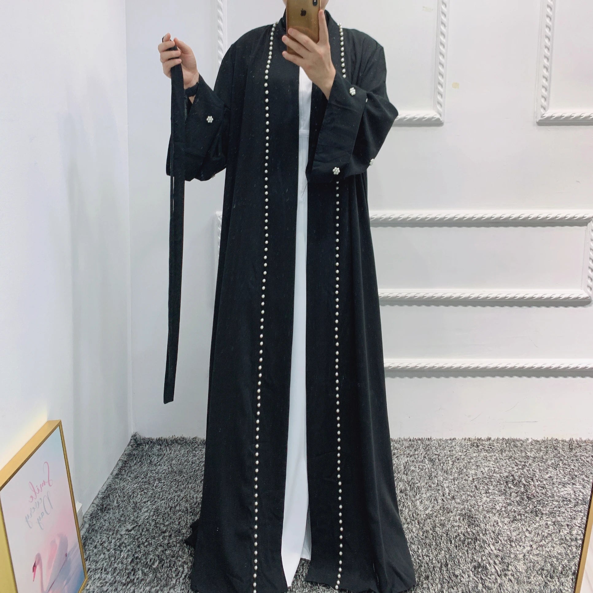 Fashion Muslim Womens Black Open Front Abayas For Party 2024 Beading Dubai Dresses Ladies Islamic clothes Turkey Caftan LR444 - Seprincess