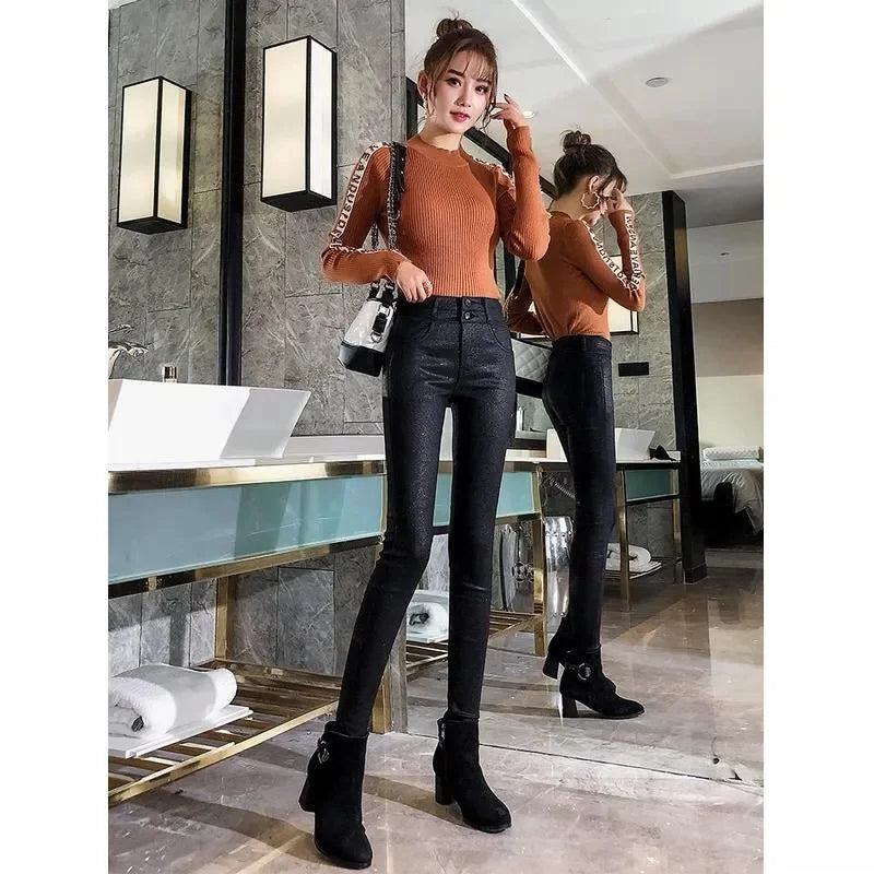 Add Velvet/No Velvet Black Faux PU Leather Pants Women's High Waist Stretch Leggings Autumn Winter Casual Skinny Pencil Trousers