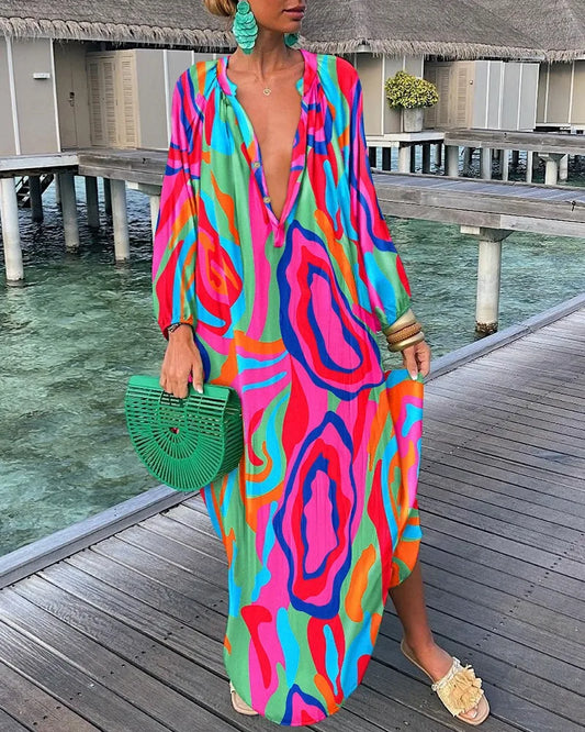 Elegant Women's Dresses 2023 Summer Casual Fashion Print V-Neck Loose Retro Comfortable Maxi Dress Female Robe S-XXXL - Seprincess