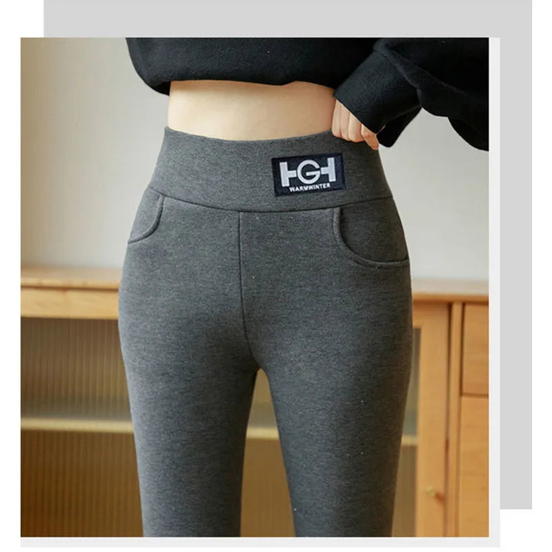 Winter Women Leggings Solid Warm Leggings Thicken Lambwool Hight Waist Fleece Keep Butt Lift High Stretchy Walking Pants Pocket